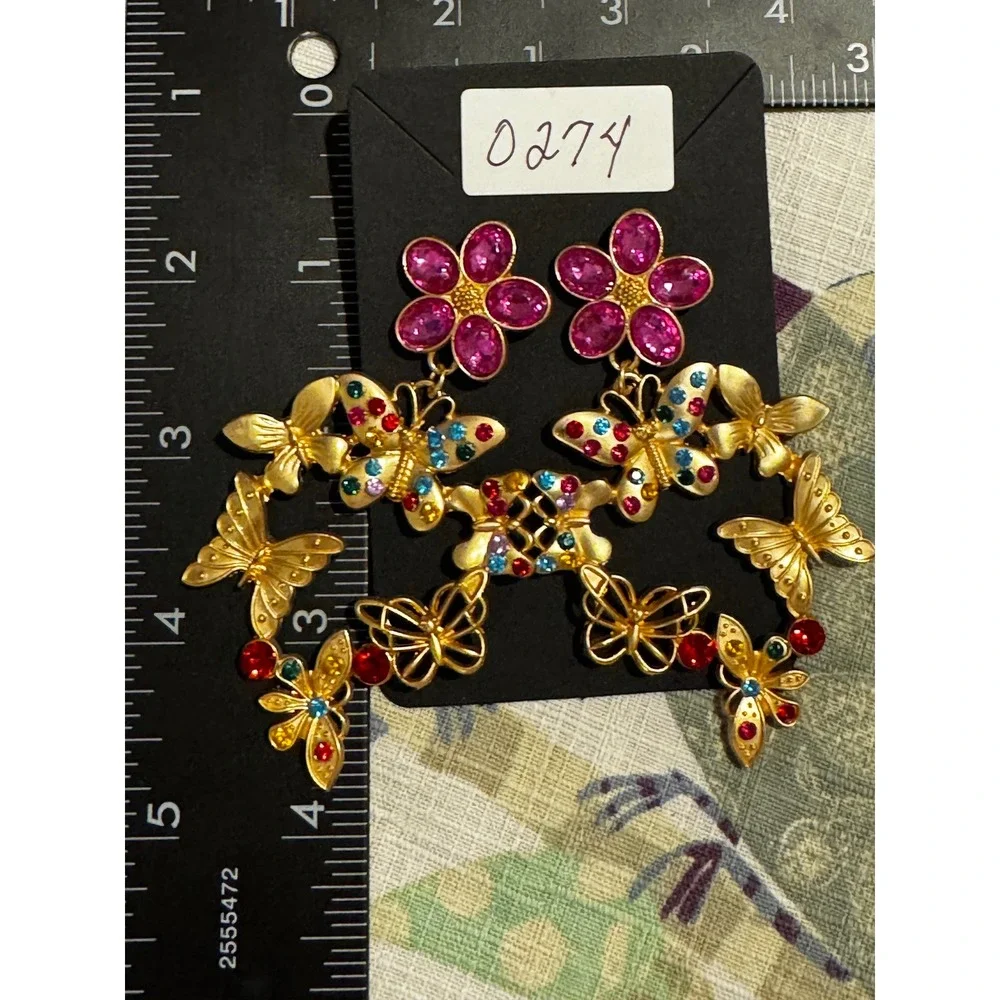 Gold Tone Butterfly Flower Rhinestone Statement Drop Earrings Multi Color